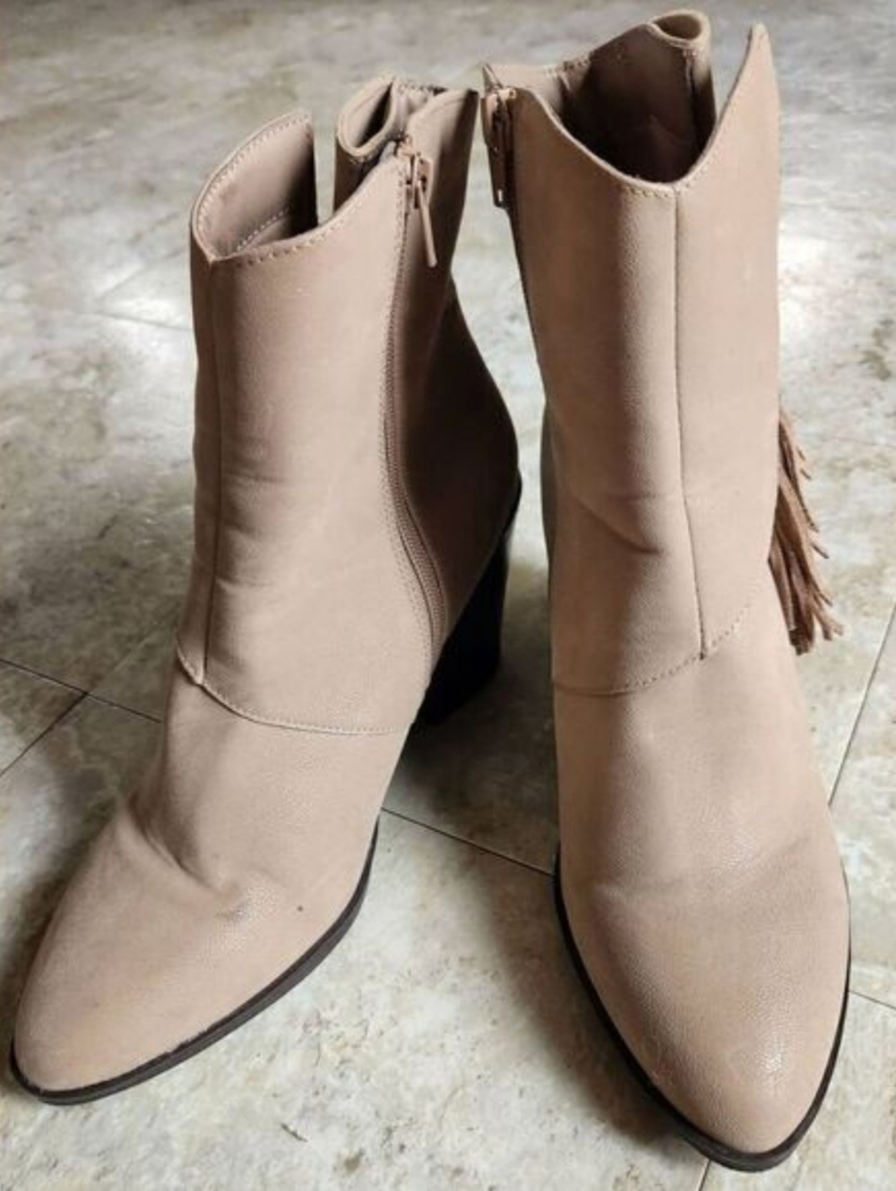 Cowgirl Western Taupe Ankle Boots with Side Zip Bkock Heel and Fringe Accent